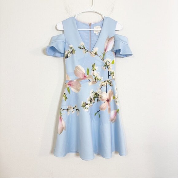 Ted baker effrae harmony cold shoulder blue floral dress - Picture 4 of 8